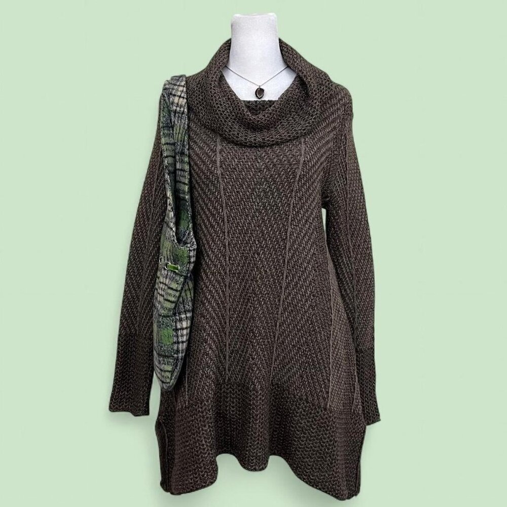 brown boho subversive grunge cowl neck tunic length sweater asymmetic hem